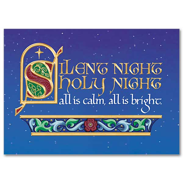 Lettering &quot;Silent Night, Holy Night&quot; in gold foil on a background of blue starry sky. The &quot;S&quot; of &quot;Silent&quot; is illuminated and arranged in an arched shape frame. An illuminated border of green and blue acanthus leaves and a red flower is at the bottom of the image.
