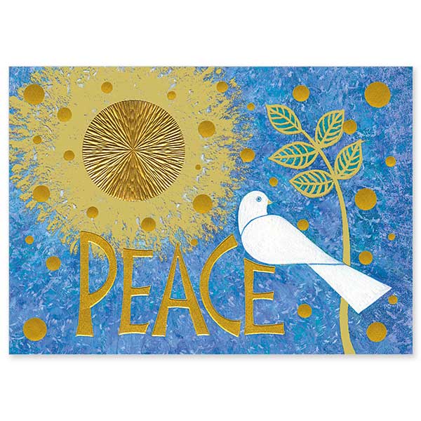 Shining star shines down on large PEACE with white dove