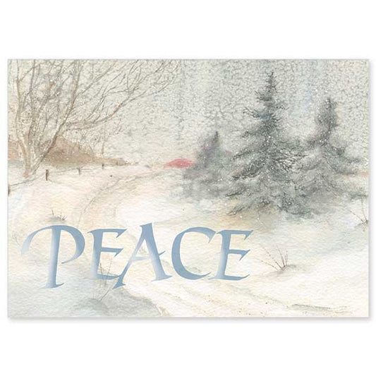 Soft watercolor winter snow scene serves as the background for calligraphic PEACE with shimmering silver accents