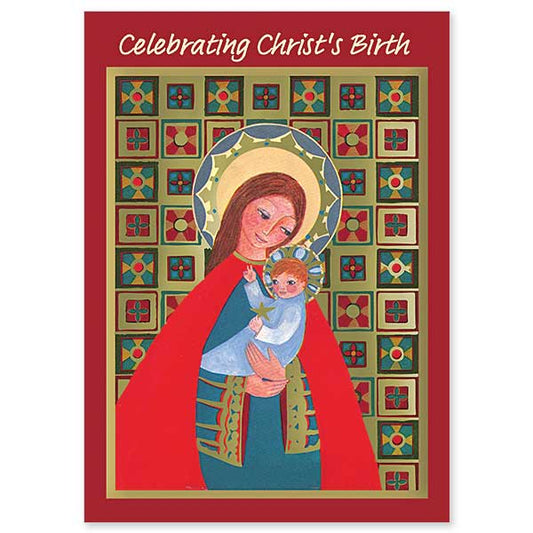 Richly colored image of the Madonna and child with gold foil stamping 