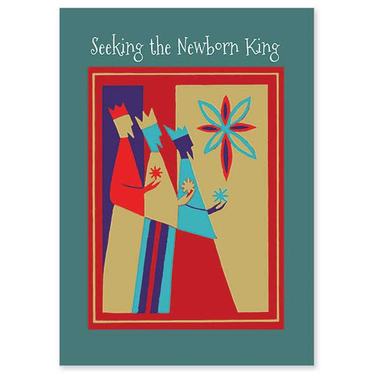 Richly colored graphic Wisemen bearing their gifts with gold foil stamp