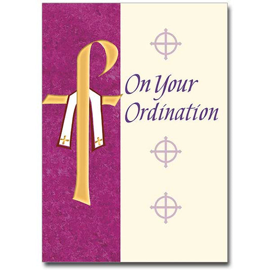 Rejoice with those being ordained to priesthood or ministry. Gold foil stamped cross with stole.
