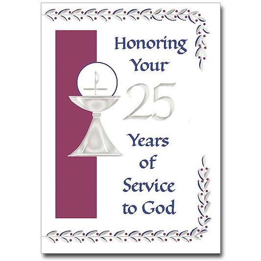 Recognize this important milestone in the life of your parish priest. Chalice and host with silver foil stamping.