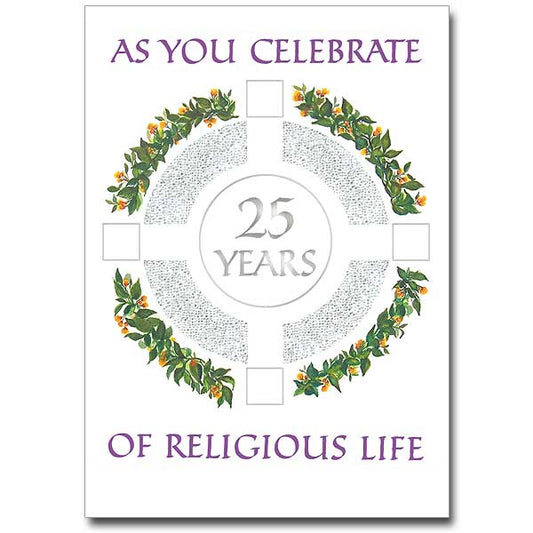Circle cross with text in center, surrounded with bittersweet branches Rejoice with those celebrating the Anniversary of their Religious Profession. Special 5 x 7 inch size.