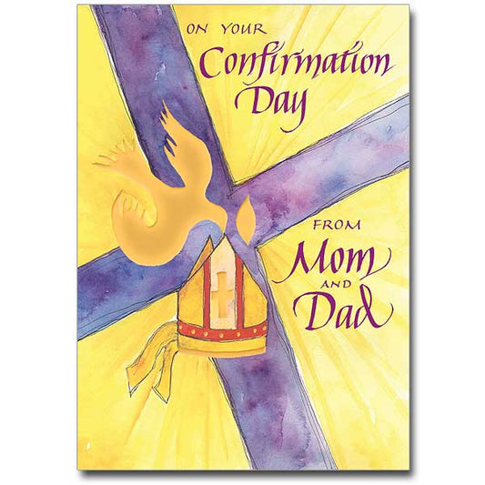Rejoice with your son or daughter as they receive the sacrament of Confirmation. Watercolor cross and dove with bishop&rsquo;s miter and calligraphy. Colored foil stamped lettering.
