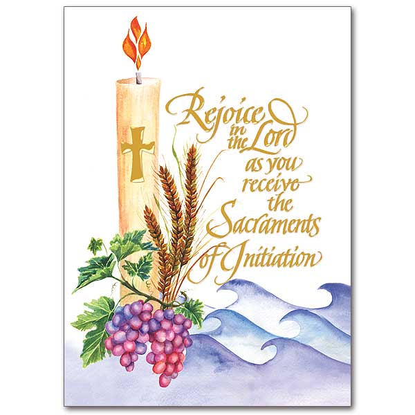 Easter candle above waves of water with grapes and wheat.