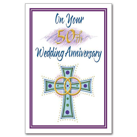 Help your friends and relatives celebrate their 50th wedding anniversary with this card featuring a cross with rings with purple Celtic border. 5&quot; x 7&quot; gold foiled stamped card.