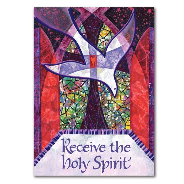 Rejoice in those receiving the sacrament of Confirmation with this semi-abstract dove (with red heart) in front of cross on stained glass window in shades of purple and red card. Purple foil stamped 5&quot; x 7&quot; card with white envelope.
