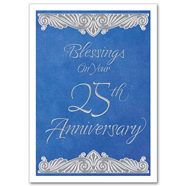 <p>Elegant calligraphy in embossed foil on a medium blue ground. Classical scroll designs are at the top and bottom of the card.</p>