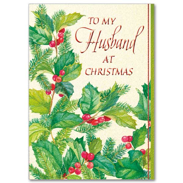 Painted Christmas floral of holly with red berries and pine branches with a central lettering panel.