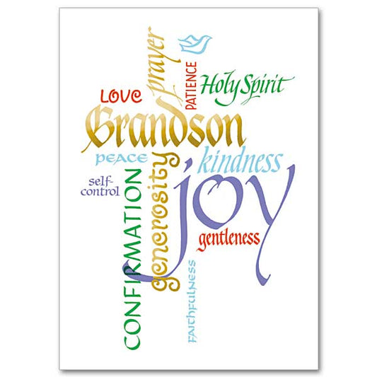 A collage of words (Fruits of the Spirit) in various calligraphic lettering styles and colors forming the shape of a cross with the word Grandson at the center in gold foil.