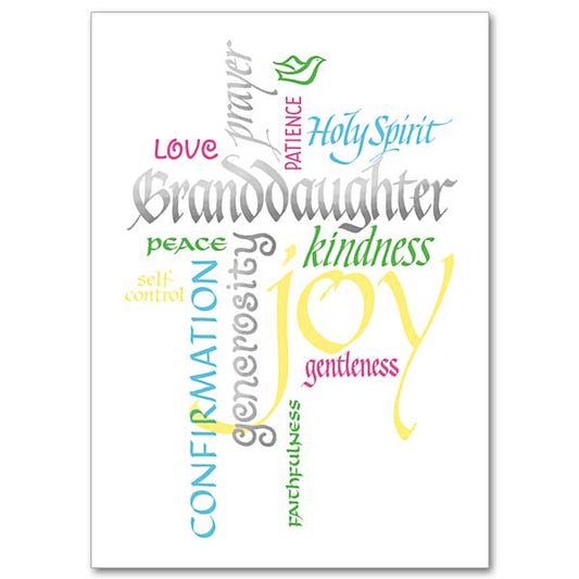 A collage of words (Fruits of the Spirit) in various calligraphic lettering styles and colors forming the shape of a cross with the word Granddaughter at the center in silver foil.