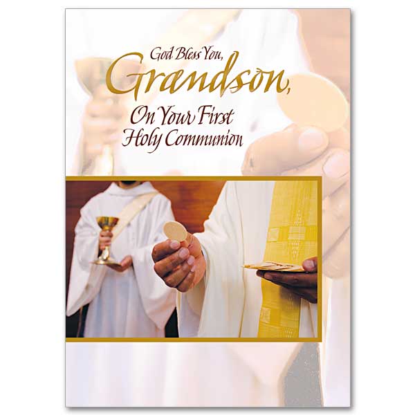 Close-up photo of the hand of a priest distributing the host to a communicant and in the background, a deacon distributing the cup. The same image is ghosted in the background of the card.