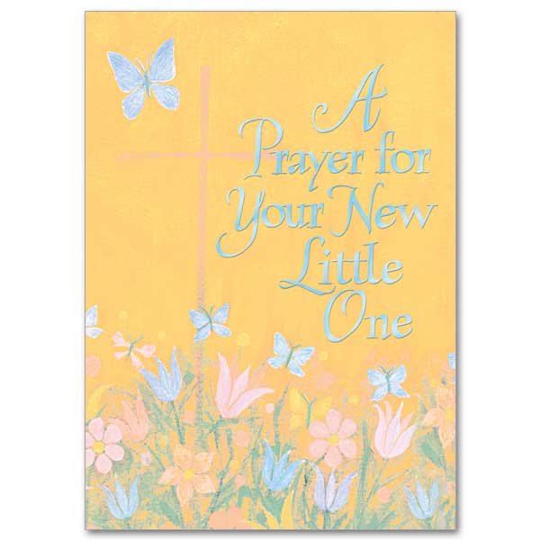 Pink blue flowers and butterflies on a golden ground with a simple, thin-line orange cross at the left and a large blue butterfly at the top of the card.