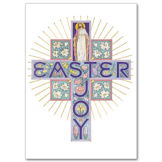 Latin cross design featuring the risen Christ in the top section of the cross design. The word &quot;EASTER&quot; runs across the transept and &quot;JOY down the bottom portion of the cross. The lettering and areas surrounding the cross are illustrated in exquisitely painted spring florals.