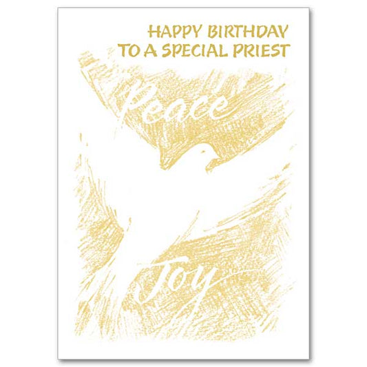 Image of a foil dove with background lettering of the words &quot;Peace&quot; and &quot;Joy&quot;.