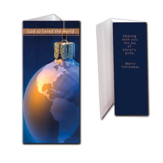 Photo of a world globe on a hanging Christmas ornament against a dark blue background. Matching prayer card is no longer available. 