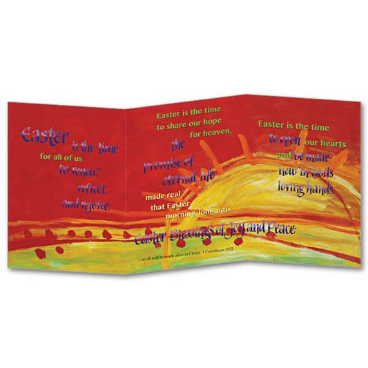Expressively painted sunrise in warm reds and yellows with accents fo green<br> Purple foil stamp lettering 