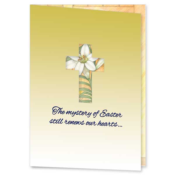 Golden cover with diecut peek cross open to reveal beautiful blooming Easter lilies