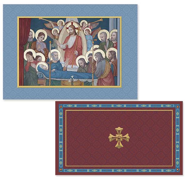 This set includes two pieces. The first is a card for you to send to the family of the deceased person for whom you are requesting the Mass. The second is a request card for you to send to the parish or priest who will offer the Mass along with your donation. Both pieces come with envelopes.<br> The gift card features a detail of a mural from the Basilica of the Immaculate Conception, Conception, MO depicting the burial of Mary (dormition) surrounded by the apostles.