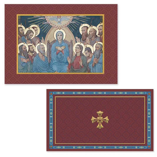 This set includes two pieces. The first is a card for you to send to the person for whom you are requesting the Mass. The second is a request card for you to send to the parish or priest who will offer the Mass along with your donation. Both pieces come with envelopes.<br> The gift card features the image of Pentecost with Mary surrounded by the saints from a mural in the Basilica of the Immaculate Conception, Conception, MO.