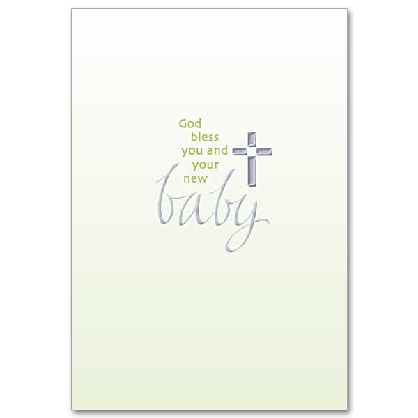 The word &quot;baby&quot; and the cross are in silver glitter foil on a soft gradiant background of shades of green.