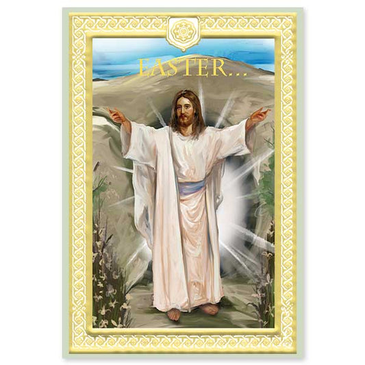 Painting of the triumphant Jesus Christ rising from the grave with gold metallic ink and embossed foil border