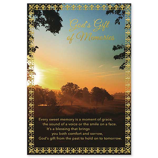 The glorious dawning of a new day as a metaphor for hope and promise of eternal life with gold embossed foil border.