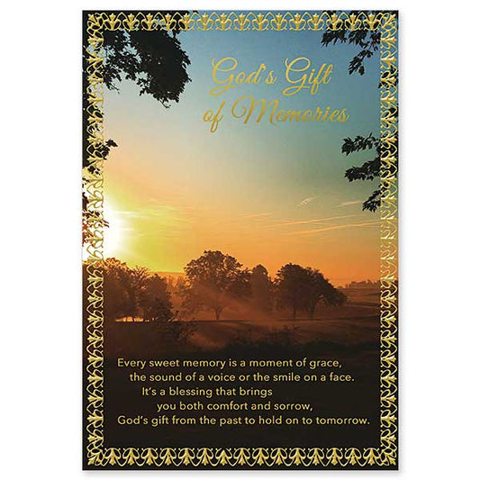 The glorious dawning of a new day as a metaphor for hope and promise of eternal life with gold embossed foil border.