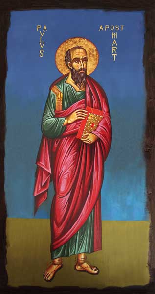 This icon of unknown origin depicts St. Paul in the red of martyrdom and the green of apostleship. This icon serves as a poignant reminder that we, too, are continually called to conversion and that our lives are to be a witness to the transforming power of the Gospel of Christ.