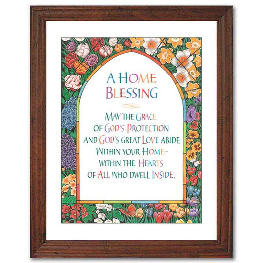 Handsome mahogany-like wood frame that can be mounted on a wall or freestanding with an easel back. Size 12&quot; x 10&quot;.<br> Text:<br> A Home Blessing<br> May the grace<br> of God&rsquo;s protection<br> And God&rsquo;s great love abide<br> Within your home&mdash;<br> within the hearts<br> Of all who dwell inside.