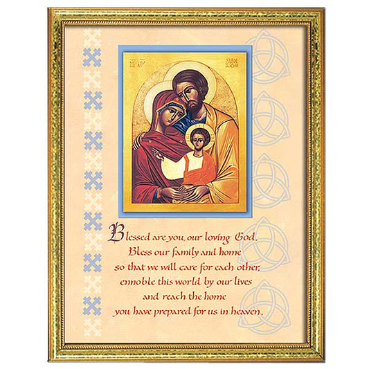 Enshrine your devotion to the Holy Family and invoke God&rsquo;s blessing on your own home and family with this handsomely framed print. 5&quot; x 7&quot; in a gold-colored wood frame. Frame style may vary from picture. Text: Blessed are you, our loving God. Bless our family and home so that we will care for each other, ennoble this world by our lives and reach the home you have prepared for us in heaven.