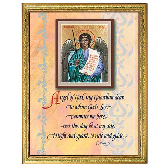 Remember this traditional childhood prayer to the Guardian Angel? The banner quotes Psalm 90: &ldquo;God has given his angels charge over you.&rdquo; 5&quot; x 7&quot; in a gold-colored wood frame. Frame style may vary from picture. Text: Angel of God, my Guardian dear, to whom God&rsquo;s Love commits me here, ever this day be at my side, to light and guard, to rule and guide. Amen