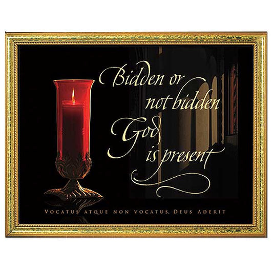 Text reads: Bidden or not bidden God is present (in very small caps) VOCATUS ATQUE NON VOCATUS, DEUS ADERIT 5&quot; x 7&quot; in a gold-colored wood frame. Frame style may vary from picture.