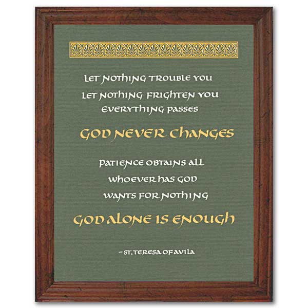 Calligraphy in the Uncial style in white and gold on a dark green paper. A Greek border design is at the top of the page in gold. Frame is easel-backed for free-standing or hanging display, and measures approximately 11 3/4&quot; x 13 3/4&quot;.