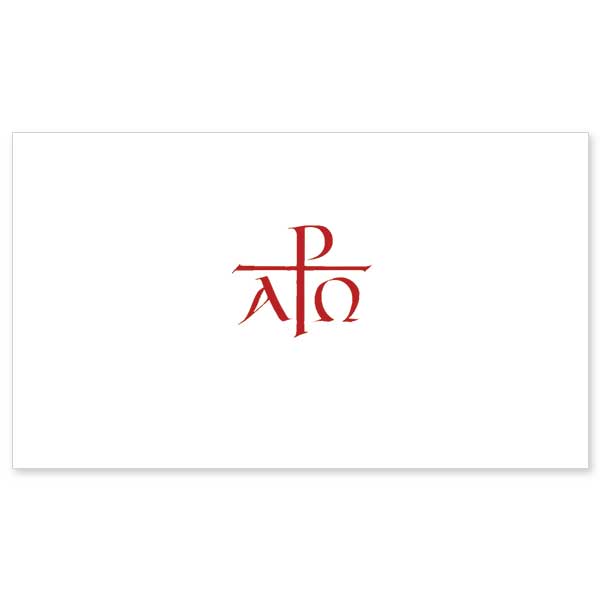 Symbols for Alpha and Omega in red calligraphy centered around a Chi Rho.