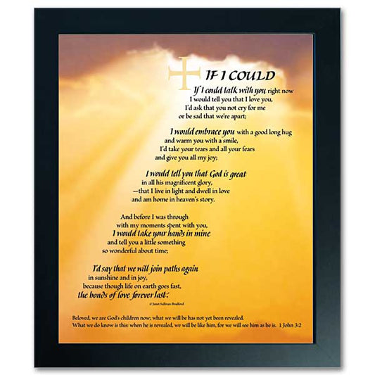 In this personal reflection by Janet Sullivan Bradford, the author imagines what a loved one, who has passed away, would say to comfort the living. Appropriate for anyone who has endured a loss. Text arranged as a staircase leading up to heaven. In the background is a photo of the sun shining through clouds. 