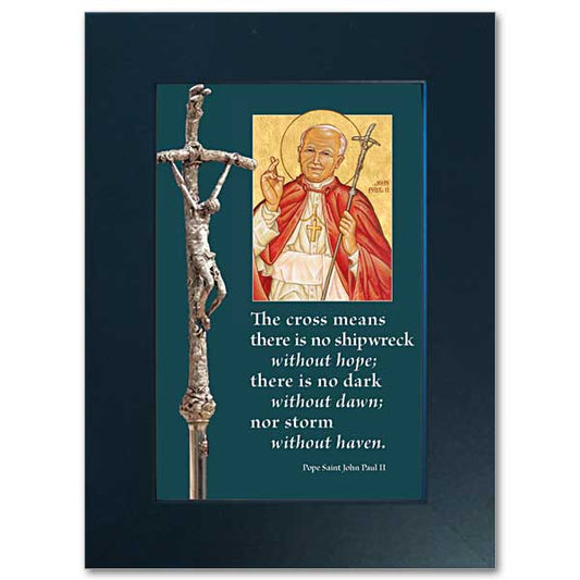 The text is presented beneath an icon image of Pope Saint John Paul II with an image of the staff with a cross that was created specially for him.
