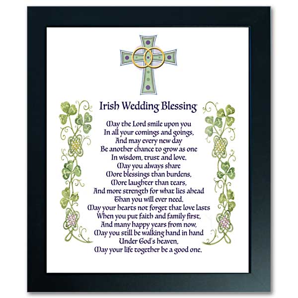 Blessing bordered by Celtic shamrocks and cross with double rings