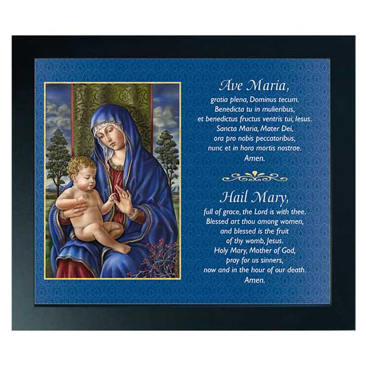 Classic painting of the Madonna and Child among olive trees. Thorny bush with red berries foretells Christ&#39;s passion. The Hail Mary (Ave Maria) is printed next to the image in Latin and English.