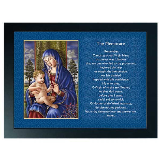 Classic painting of the Madonna and Child among olive trees. Thorny bush with red berries foretells Christ&#39;s passion. The Memorare prayer is printed next to the image.