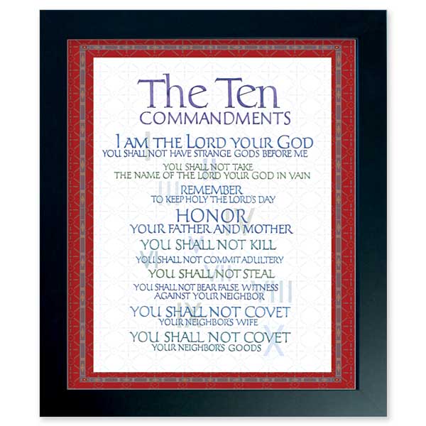 Calligraphic presentation of the Ten Commandments within a Bueronese border from the Basilica of the Immaculate Conception in Conception, MIssouri. Black frame. 