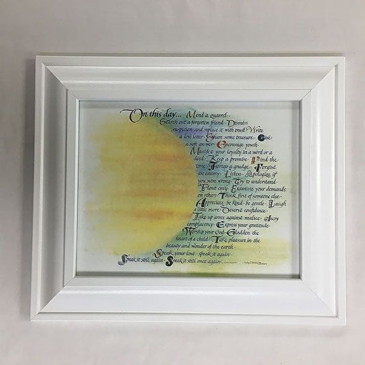 Powerful calligraphy and messages combine to add a spiritual touch to your home or workplace. A great gift to encourage, thank or congratulate, or for birthdays and other special occasions. The framed prints are 8&quot; x 10&quot;. White wood frame with glass and hangers on the back. (No easel stand.) Boxed.