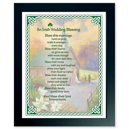 Painted scene of a wedding celebration at an Irish country church with wedding blessing. Black frame.