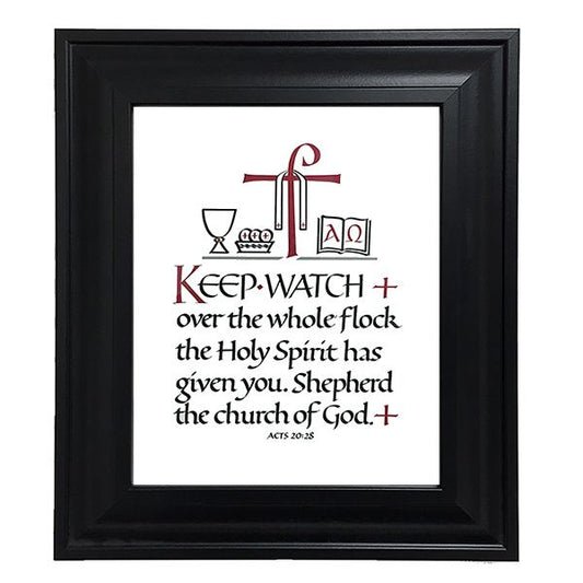 8 inch by 10 inch calligraphic framed print of Acts 20:28. The design includes a cross with a priest&rsquo;s stole, chalice, paten with hosts, and an open book with the Alpha and Omega symbols. Beveled black frame with glass and hangers. Frame dimensions approximately 11.5 in. x 13.5 in.