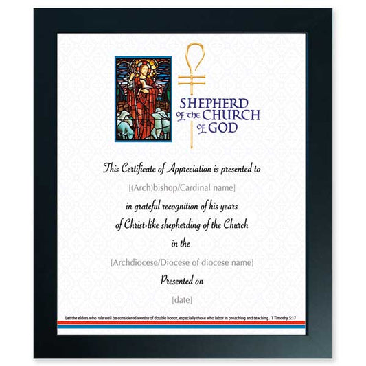 A stained glass image of the Good Shepherd with a golden crosier and a Bible quote in calligraphy serve as the image for this certificate of appreciation. This may be ordered custom printed with the details included, or the purchaser may remove the certificate from the frame and add the specific information on their own printer. Labels shown in gray are for illustration purposes only and are not printed.