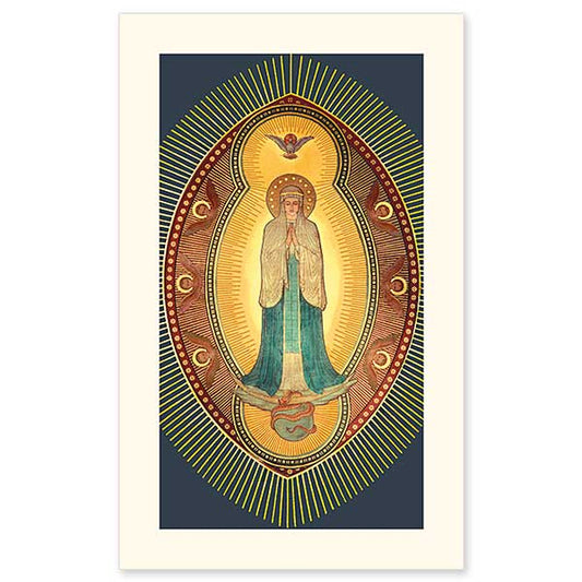 This image of Our Lady as the Immaculate Conception is taken from a mural in the Basilica of the Immaculate Conception at Conception Abbey. Printed on sturdy, cream-colored cover stock, these cards are perfect for gifts, mailing enclosures, keepsake bookmarks, devotional or parish use. Cards are 3 x 5&quot;. Personalize your holy cards by having them imprinted on the back. We can add your own personal message, Scripture verse or prayer for a small additional charge.