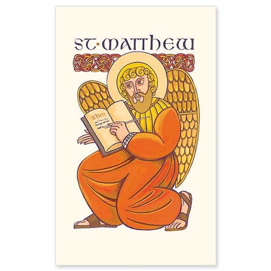 Each of the four evangelists (gospel writers) is traditionally associated with one of the symbolic figures found in the book of Ezekiel. St. Matthew&rsquo;s symbol is a man or angel, often because the Gospel of Matthew begins with a genealogy or human descent of Jesus. Printed on sturdy, cream-colored cover stock, these cards are perfect for gifts, mailing enclosures, keepsake bookmarks, devotional or parish use. Cards are 3 x 5&quot;. Personalize your holy cards by having them imprinted on the back. We c