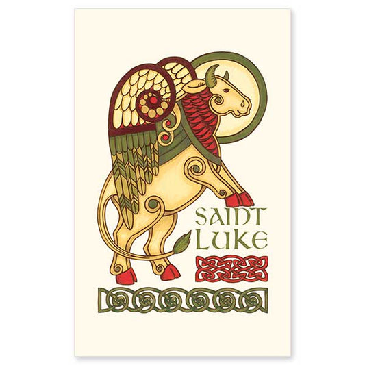 Each of the four evangelists (gospel writers) is traditionally associated with one of the symbolic figures found in the book of Ezekiel. St. Luke&rsquo;s symbol is the ox. Printed on sturdy, cream-colored cover stock, these cards are perfect for gifts, mailing enclosures, keepsake bookmarks, devotional or parish use. Cards are 3 x 5&quot;. Personalize your holy cards by having them imprinted on the back. We can add your own personal message, Scripture verse or prayer for a small additional charge.