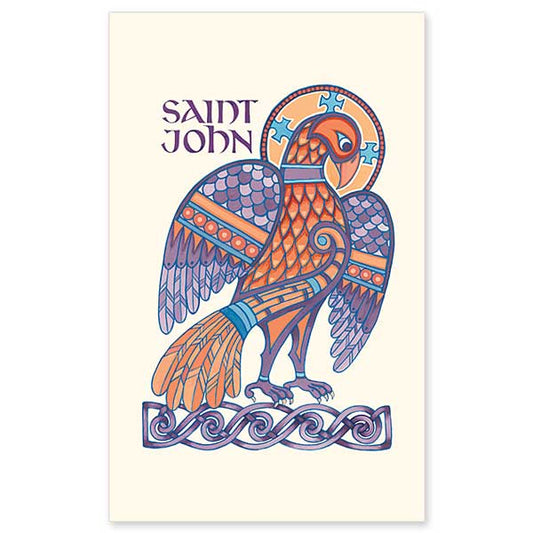 Each of the four evangelists (gospel writers) is traditionally associated with one of the symbolic figures found in the book of Ezekiel. St. John&rsquo;s symbol is an eagle, for the lofty theology in his Gospel. Printed on sturdy, cream-colored cover stock, these cards are perfect for gifts, mailing enclosures, keepsake bookmarks, devotional or parish use. Cards are 3 x 5&quot;. Personalize your holy cards by having them imprinted on the back. We can add your own personal message, Scripture verse or praye
